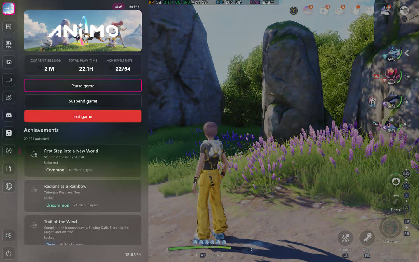 Current game page with play time and achievements