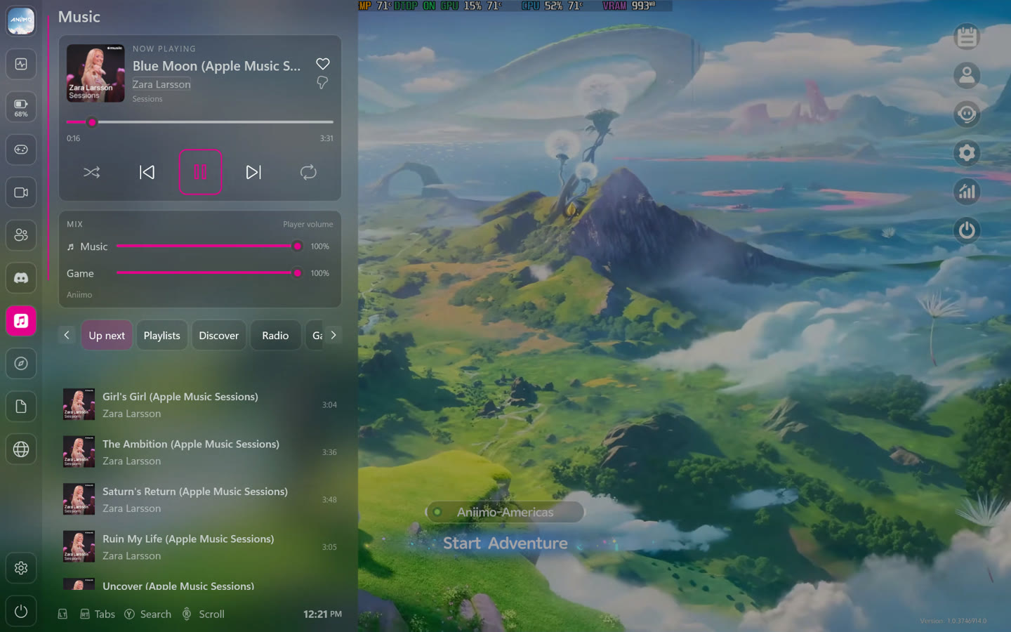 Music page playing a song